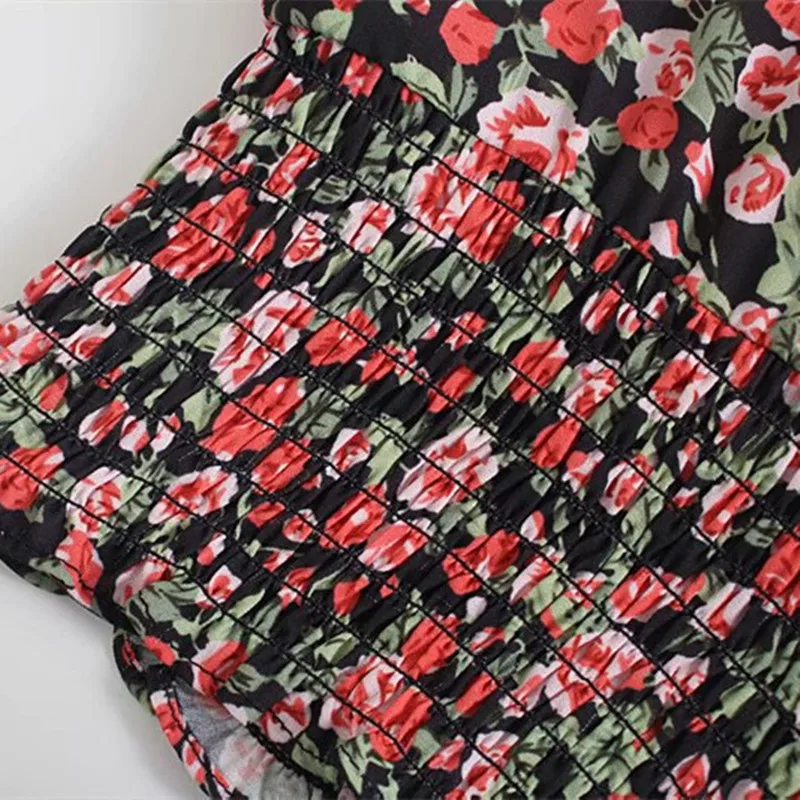 

ShinySweety 2021 Casual Woman Slim Stretchy Ruffles Strapless Short Tops Female Sweet Flower Print Holiday Cropped Top