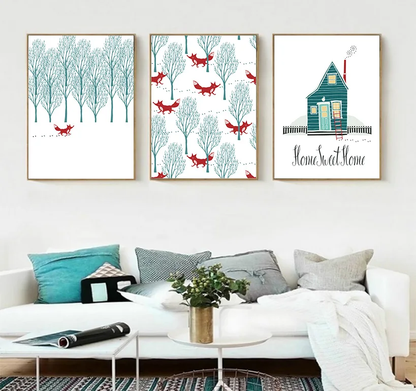 Настенные забавные постеры с изображением леса красной лисы Мультяшные картинки