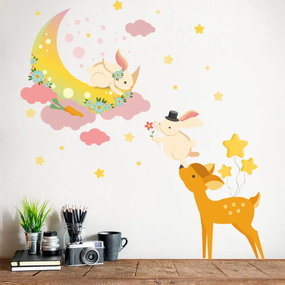

Fawn Moon Bunny Cartoon Bedroom Decorative Wall Sticker Wallpaper Children's Room Kindergarten Wall Decal for Kids Home Decor