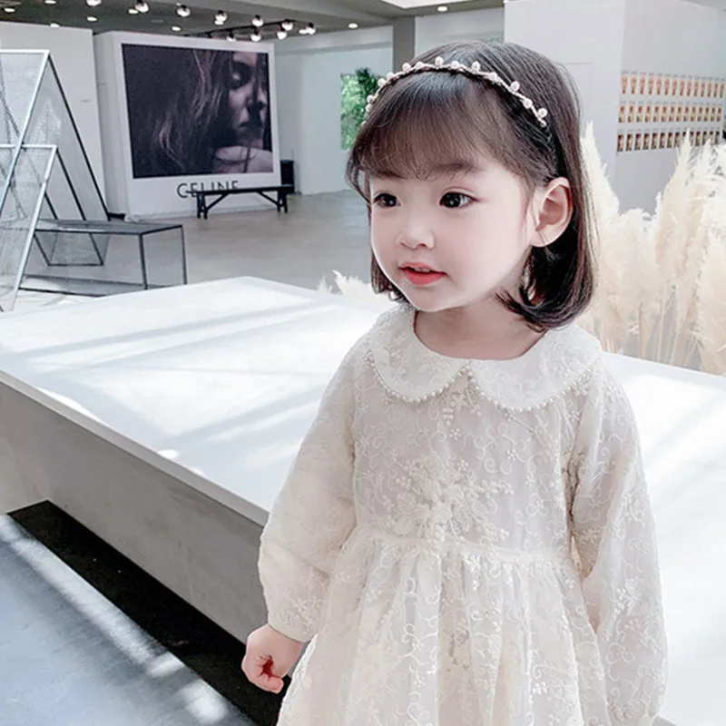 

DFXD High Quality Kids Clothes Princess Dress Long Sleeve Full Lace Pearls Peter Pan Collar Elegant Dress Toddler Party Dress