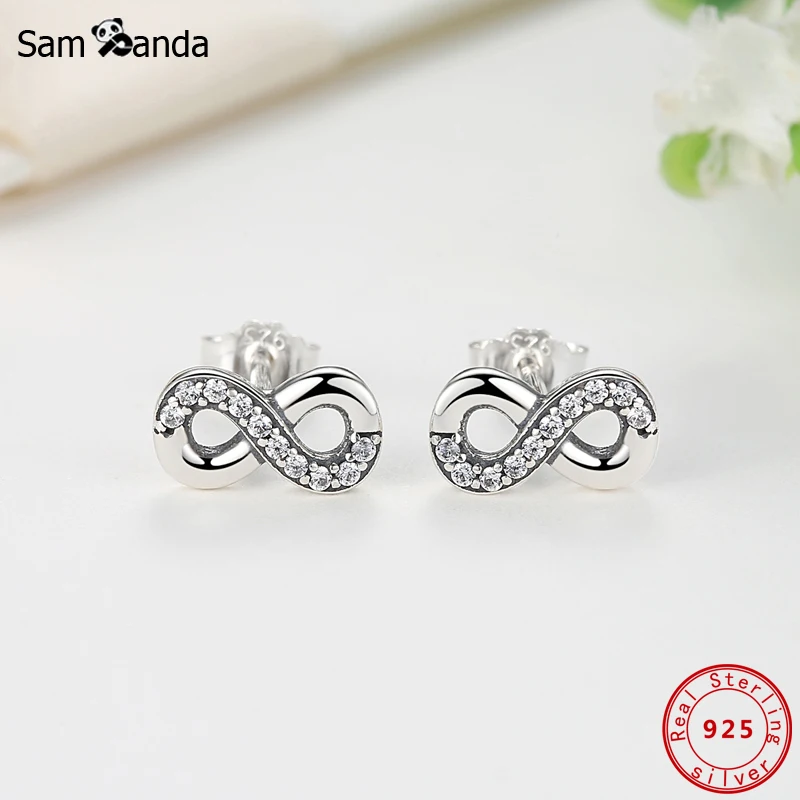 Original 925 Sterling Silver Stud Earrings Crystal Infinite Love Earings For Women Fine Jewelry Luxury Valentine's Day Gifts | Украшения