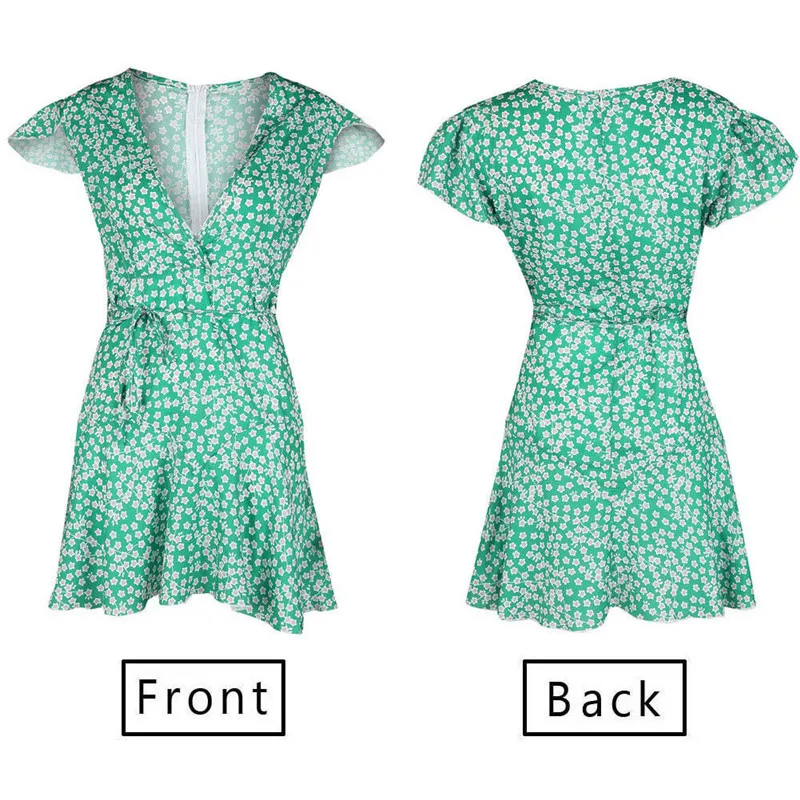 

Women Boho Floral Printed Ruffled Mini Dress Lady Summer Sexy Deep V Neck Fit and Flare Party Club Short Dress