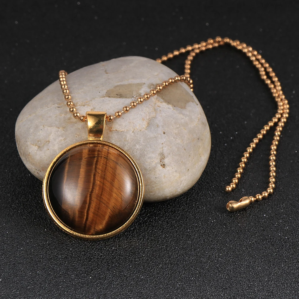 

25mm Round Natural Stone Pendant Necklace Women Girls BOHO Style 18" Ball Chain Choker Necklace 2020 Fashion Bohemia Jewelry