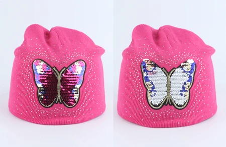 butterfly rose red Зимняя шапка для маленьких девочек, зимняя шапка с рисунком медведя, забавная шапка с пайетками, двухслойная теплая вязаная шапка со стразами, шапочки - Цвет: butterfly rose red