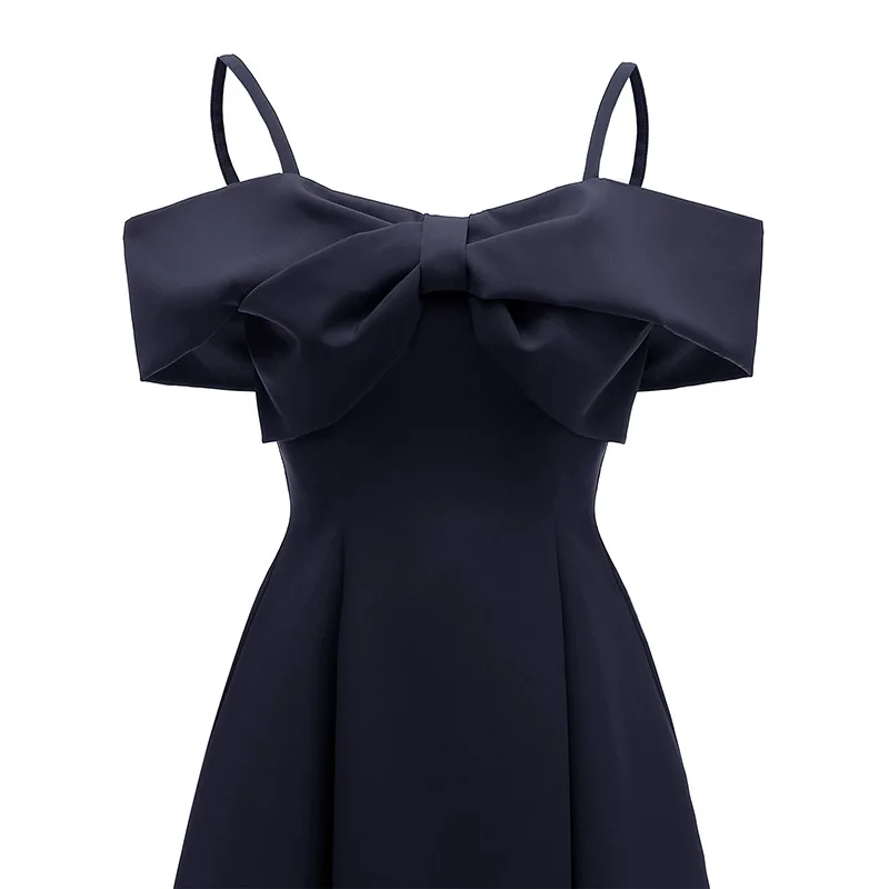 

Summer's boat neck bow slash neck waistband slim-fitting sling suspender dress sweet lovely bow A-line knee-length dress