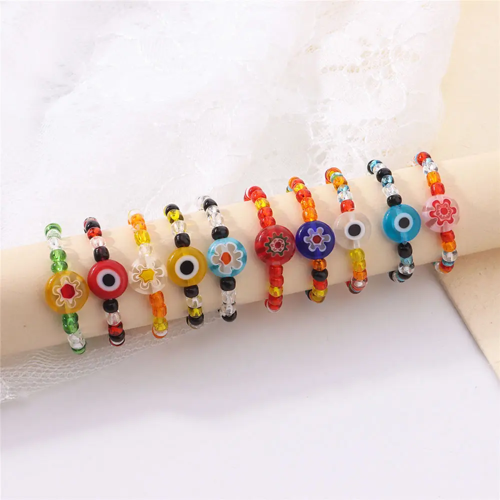 

Boho Colorful Beads Evil Eye Rings For Women Girl Vintage Fashion Glass Beaded Flower Handmade Rings Jewelry New Gifts 2021