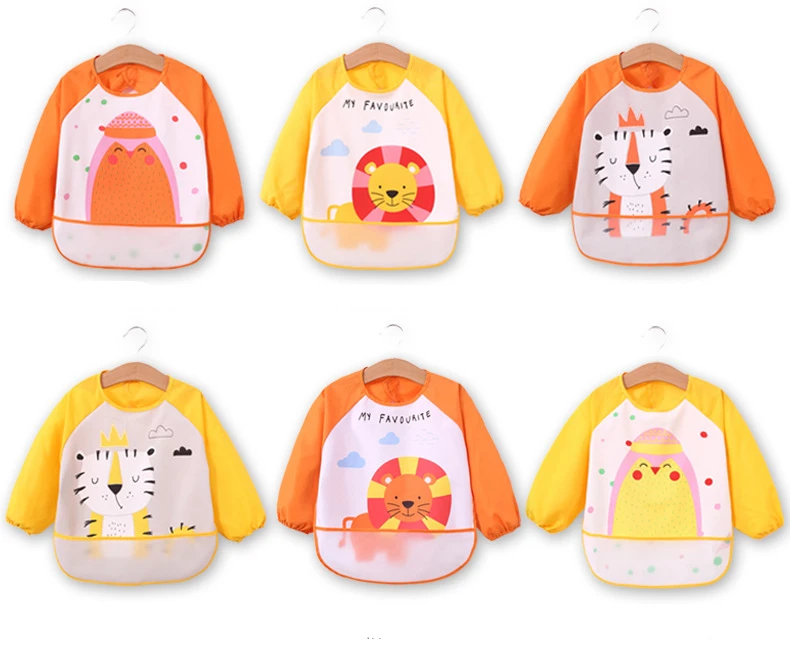 1-3Y Waterproof Long Sleeve Baby Bibs Feeding Aprons with Pocket Cartoon Silicone Boys Girls Autumn Winter Drawing Burp Clothes | Мать и