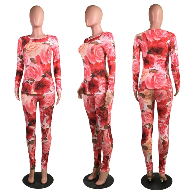 Осенний сексуальный цветочный сетчатый комплект из двух предметов топ и брюки