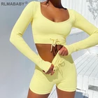 Женский трикотажный костюм в рубчик, повседневный спортивный костюм из двух предметов, укороченная футболка с V-образным вырезом и длинным рукавом и шорты с высокой талией