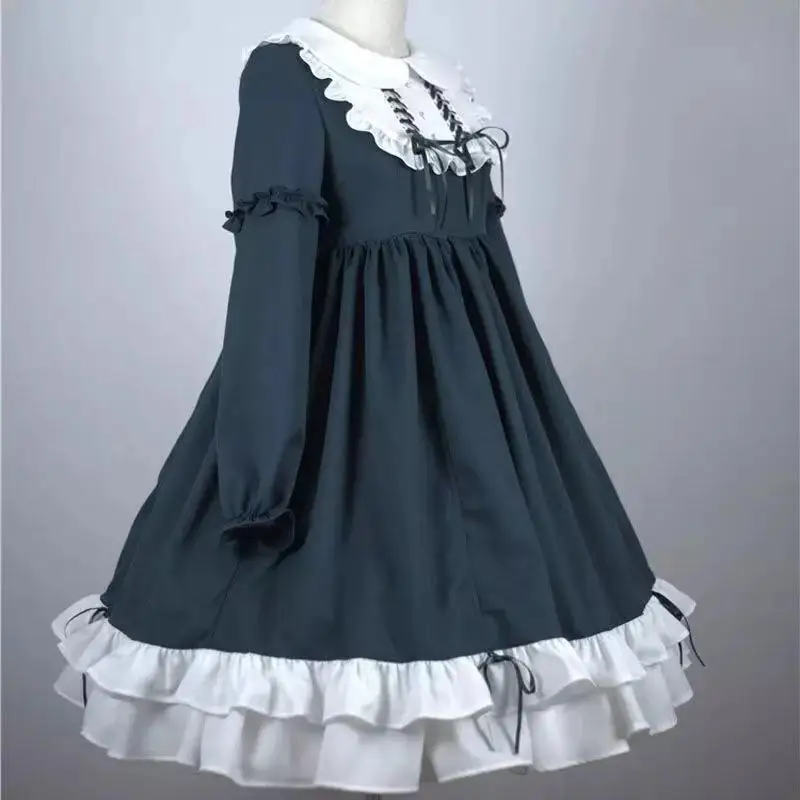 

Japanese Lolita Style Autumn Spring Vintage Printing Lace Bowknot High Waist Dress Kawaii Girl Gothic Lolita Dress