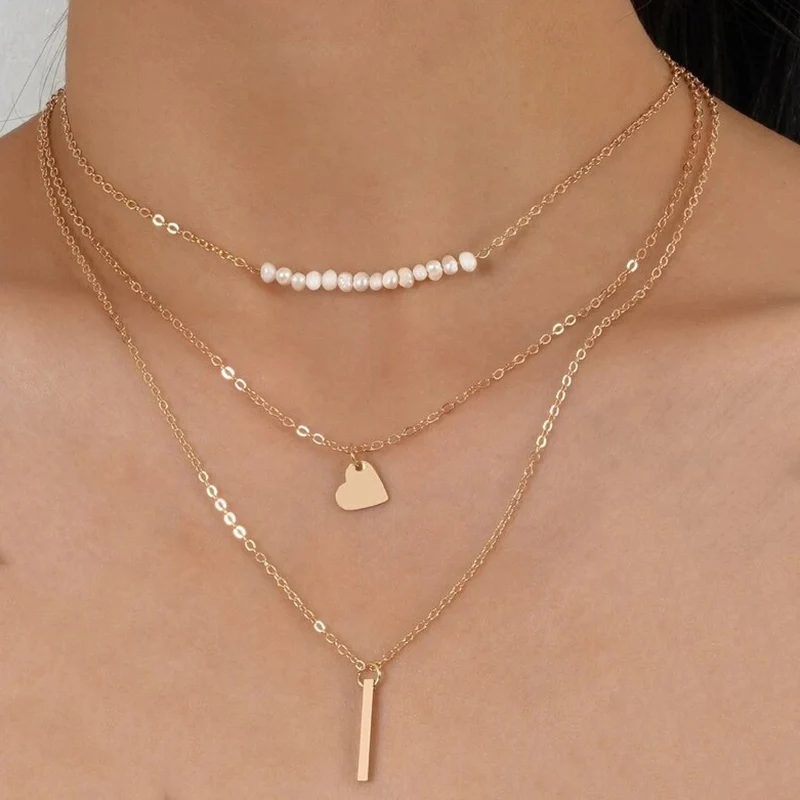 

YWZIXLN 2021 Trend Multi-layer Jewelry Beads Heart Pendant Necklace Golden Color Unquie Women Fashion Necklace Wholesale N0258