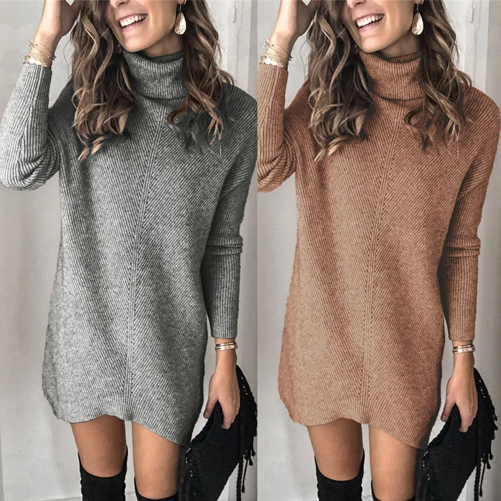 

Vogue Women Knit Long Sweater Dress Casual Long Sleeve Solid Colors LooseFashion Ladies Sweater Nice New Autumn Winter