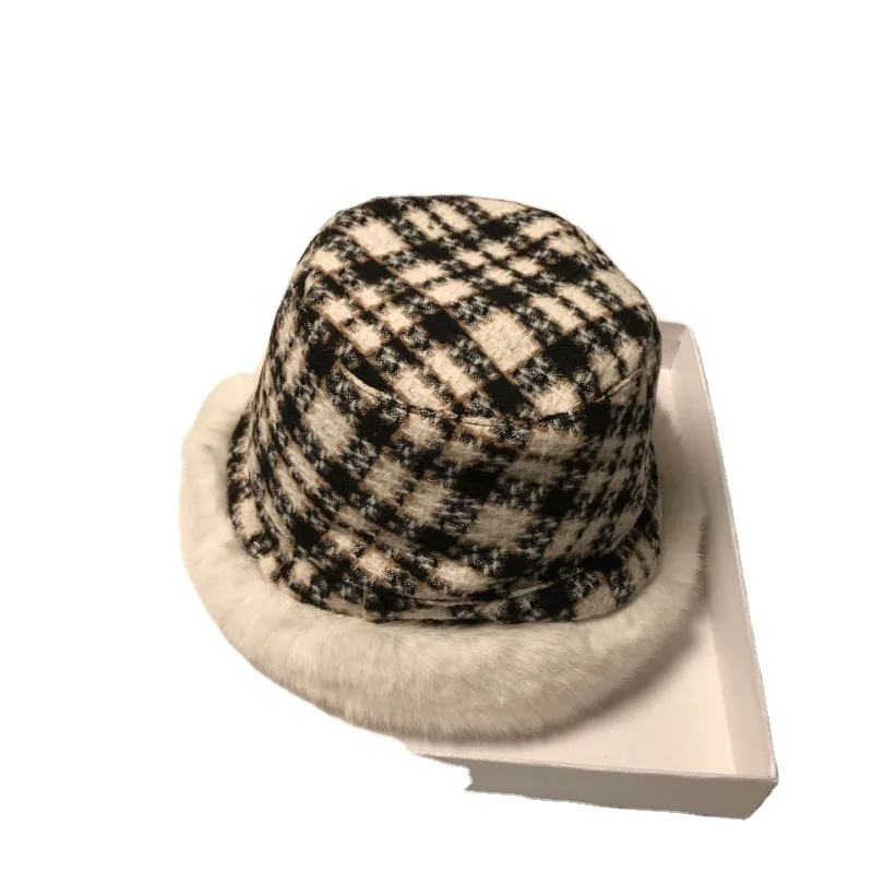 

hat female Japanese designer plaid fisherman hat female autumn and winter net red plush thickened warm basin hat face small