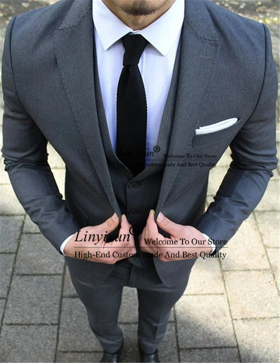 

Gray Business Mens Suits with Peak Lapel 3 Piece Formal Wedding Groomsmen Tuxedo for Prom Male Fashion Set Jacket Pants Vest