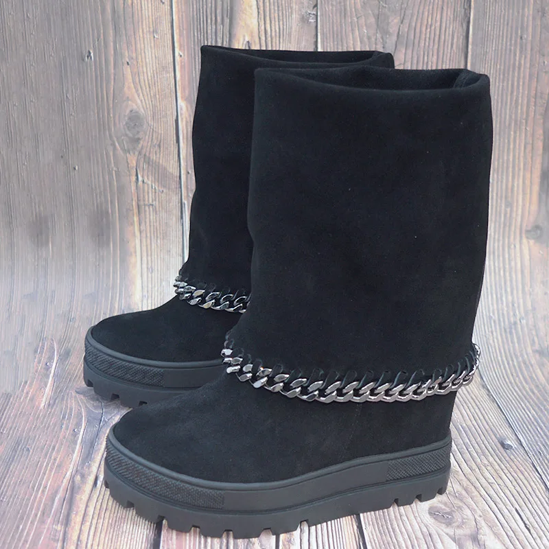 Сапоги женские кожаные увеличивающие рост до середины икры 8 см | Обувь