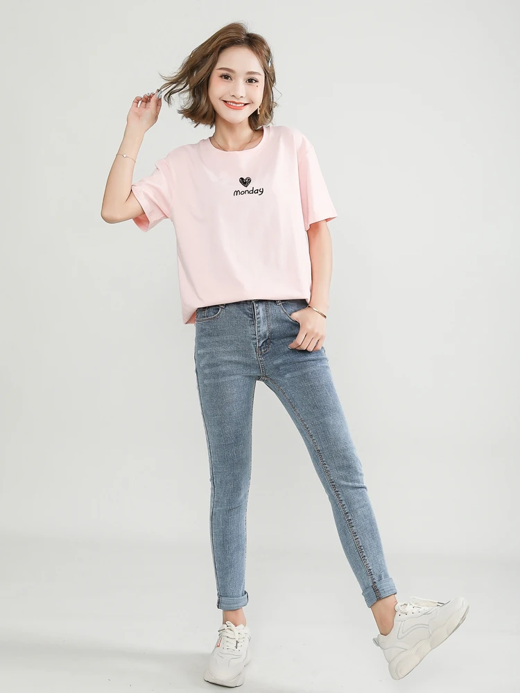 

women new summer Love pattern letter print loose O-neck casual short-sleeve cotton all-match T-shirt tops