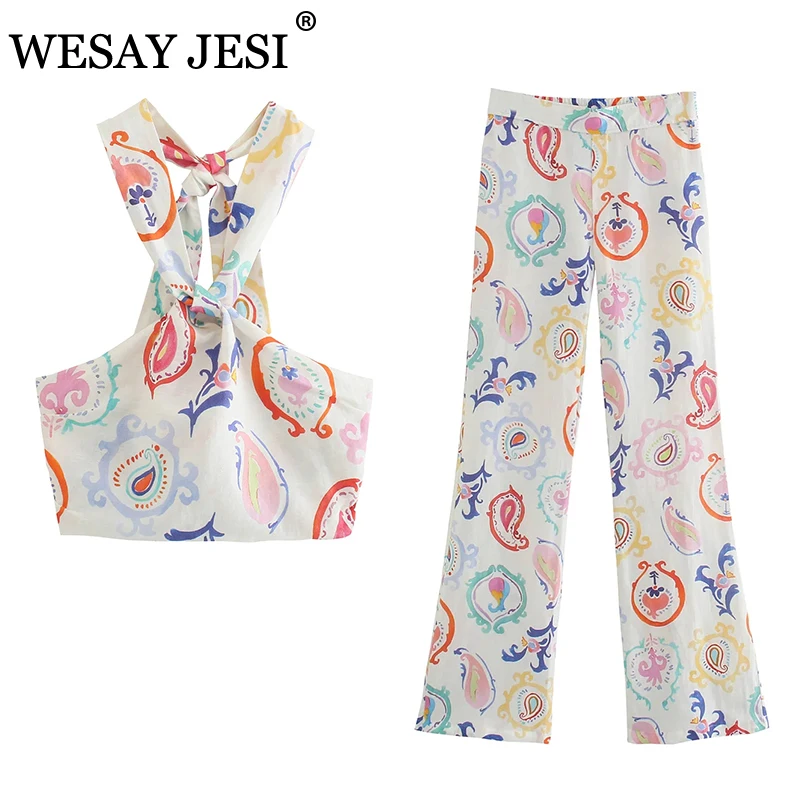 

WESAY JESI Women Clothing Trouser Suits TRAF ZA 2021 Color Print Sexy Tank Tops Vintage Casual High Waist Trousers Women Outfit