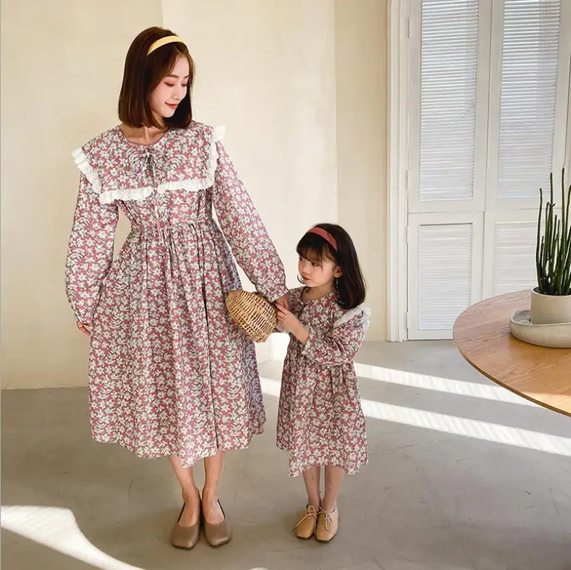 

Family Matching Clothes Spring Floral Cotton Mother Daughter Dresses Long Sleeve Mom Daughter Girls Dress Mommy And Me Clothes