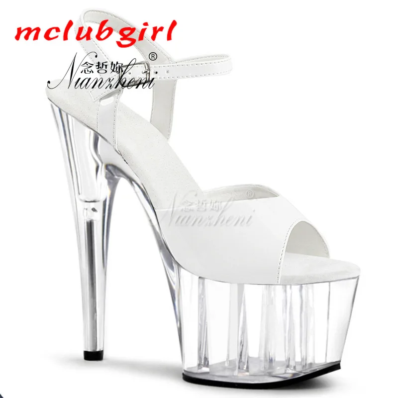 

Mclubgirl 15cm Heels Round Head Sexy Transparent Waterproof Platform Thin Heel Patent Leather All-around Sandals for Women LYP