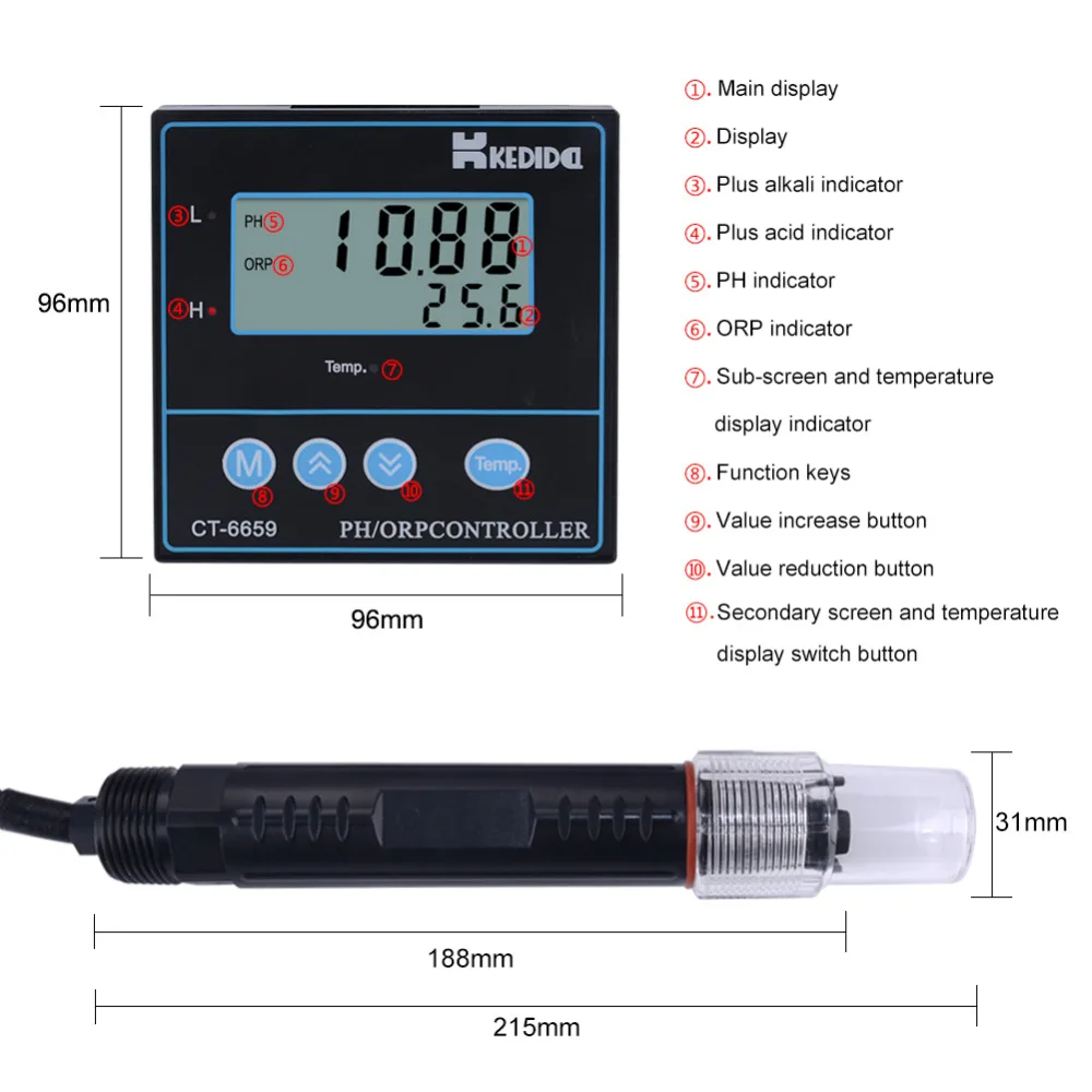 CT-6659-Type Industrial PH Meter PH/ORP Controller Value Detector AC 220V Measuring Range 0-14PH With Electrode CT-1001C | Инструменты