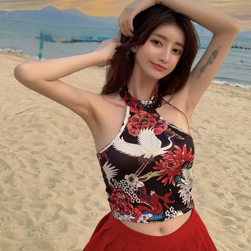 

Women's Retro Print Halte Slim Sexy Exposure Navel Tank Tops Summer Ladies Vest Camis Dropshipping