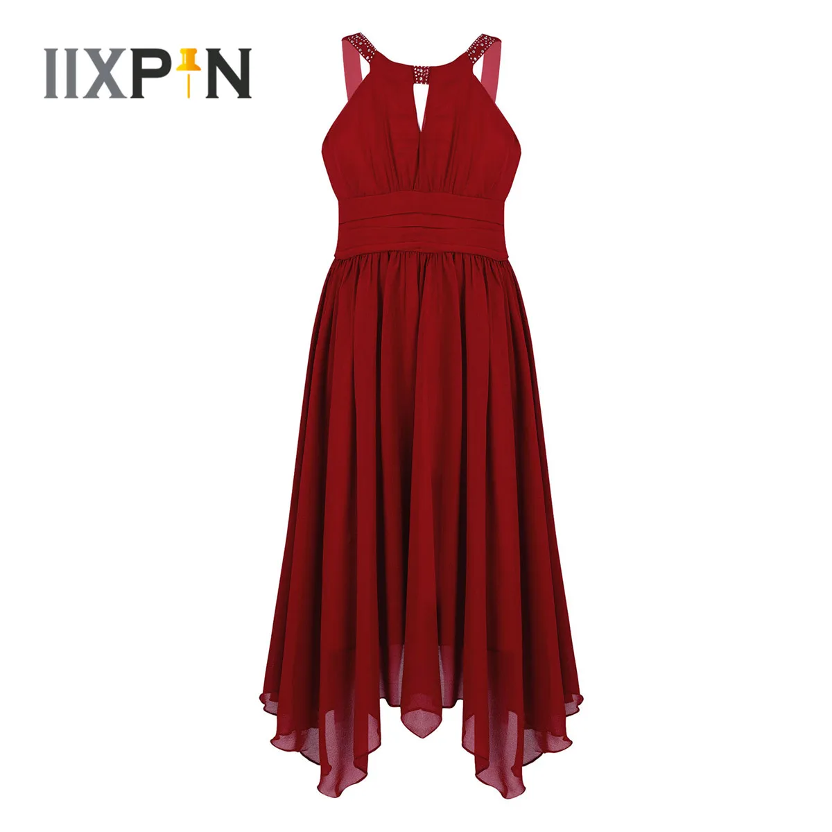 

Girls Summer Dress Rhinestones Sleeveless Chiffon Dress for Girls Elegant Dancewear for Wedding Party Birthday Dance Costumes