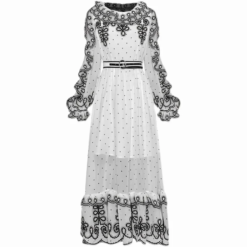 

Lesavir High Quality O-neck Ruffled Embroidered Flower Bubble Long-sleeved Lace-up Waist Long Dress Polka-dot Dress 2021 Spring