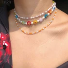 Ожерелье женское с эмалью, цветком маргаритки и жемчугом, 2021