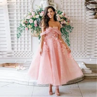 sweety blush pink prom dresses lace 3d floral short formal evening gowns off the shoulder ankle length party guest dress plus