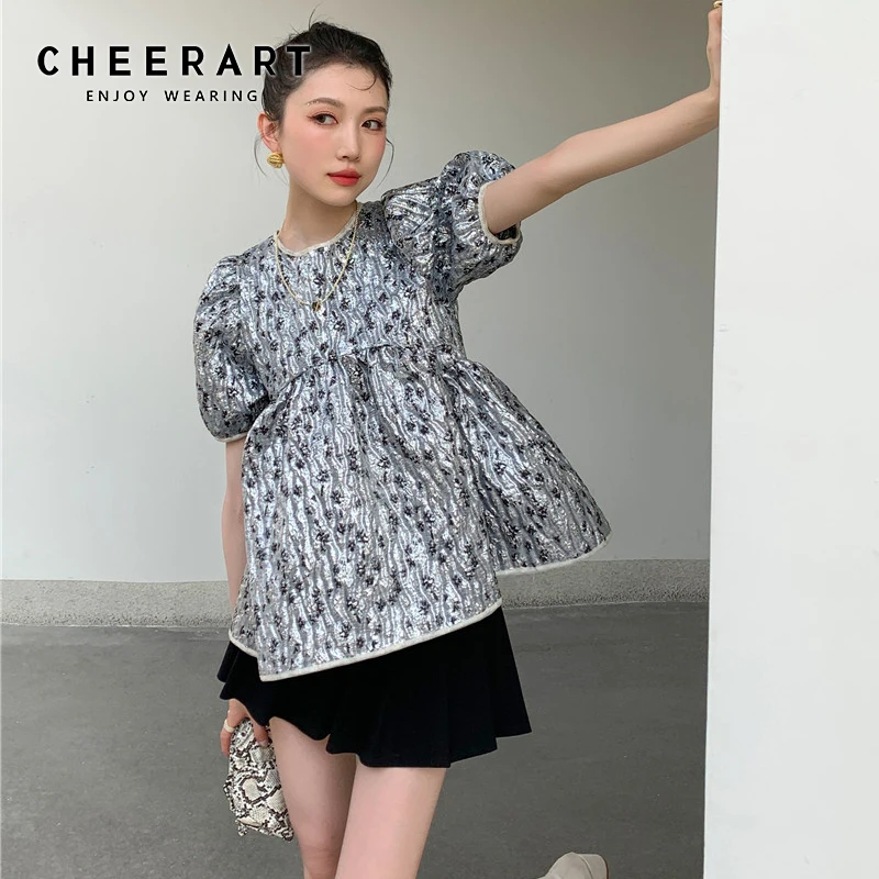 

CHEERART текстурный топ с пышными рукавами и блузки, Женский Открытый Топ с открытой спиной и открытой спиной, летняя блузка с коротким рукавом, ...