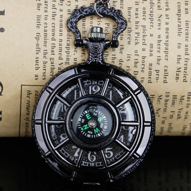 Черные изысканные дизайнерские винтажные карманные часы-скелетоны с компасом, Черные Звездные часы с круглым циферблатом, антикварные часы с подвеской в стиле ретро, подарки