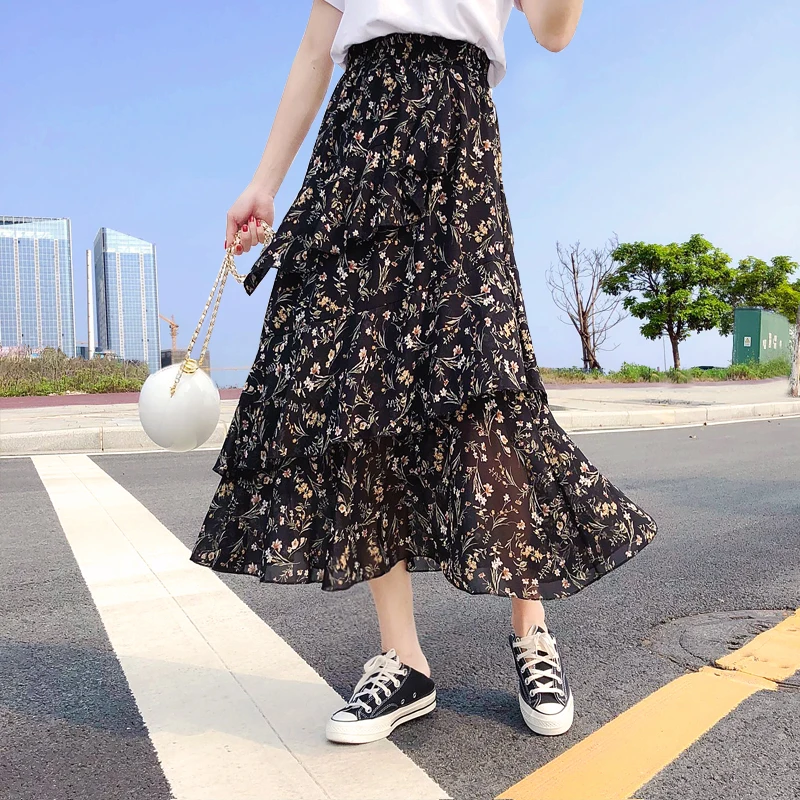 Шифоновая юбка с оборками Женская средней длины высокой талией в стиле русалки