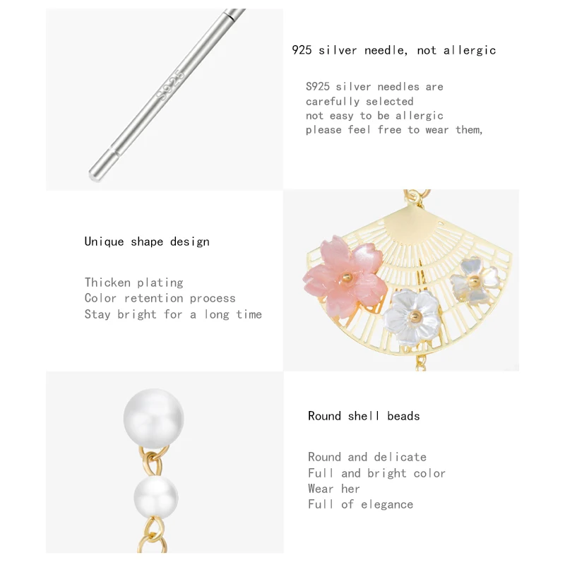 Женские веерообразные асимметричные серьги с подвеской в виде ракушек s925
