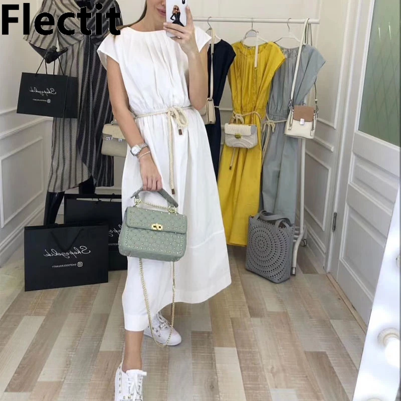 Женское белое платье Flectit с завязкой на талии и рукавом крылышком яркое Макси