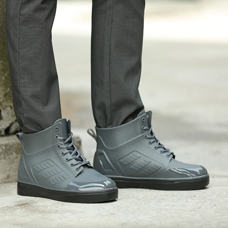 

Men's Rainboots Waterproof Spring Winter Rain Shoes Men Rain Boy Water Rubber Black Ankle Boots Lace-Up Shoes Chic