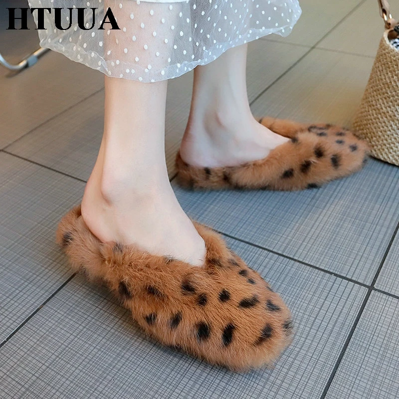 HTUUA/сезон весна осень зима леопардовый меховой пушистый мех тапочки женские