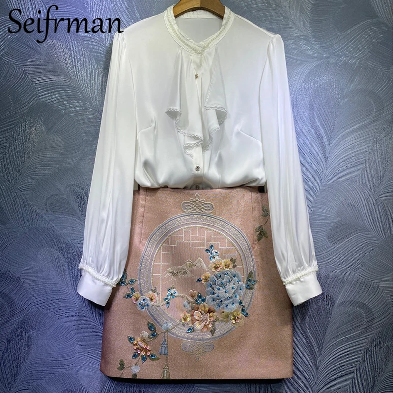 

Seifrmann Women Summer Fashion Designer Party Skirt Set Ruffles Beading Loose Blouses+High Waist Short Skirts 2 Two Pieces Suits