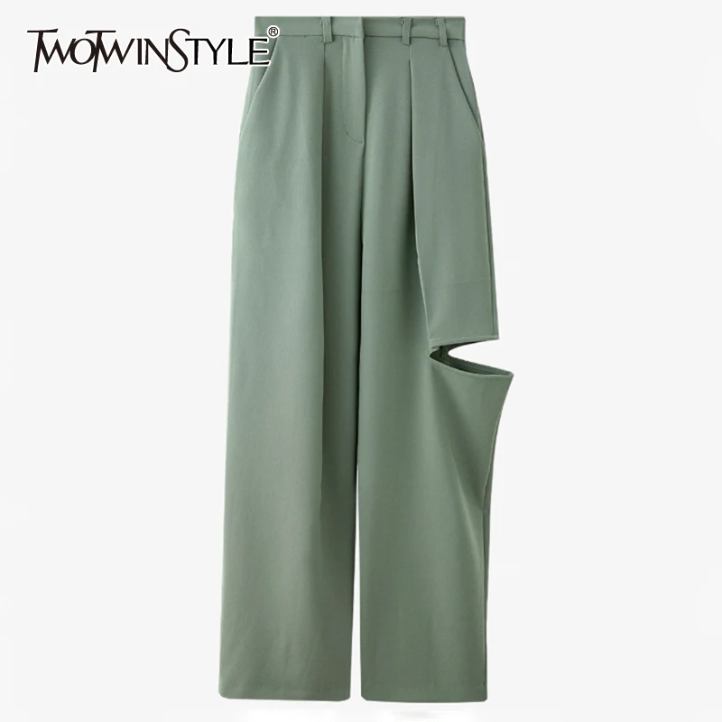 

TWOTWINSTYLE Minimalist Solid Pant For Women High Waist Patchwork Hole Full Length Pleated Pants Females Spring Fashion 2021 New