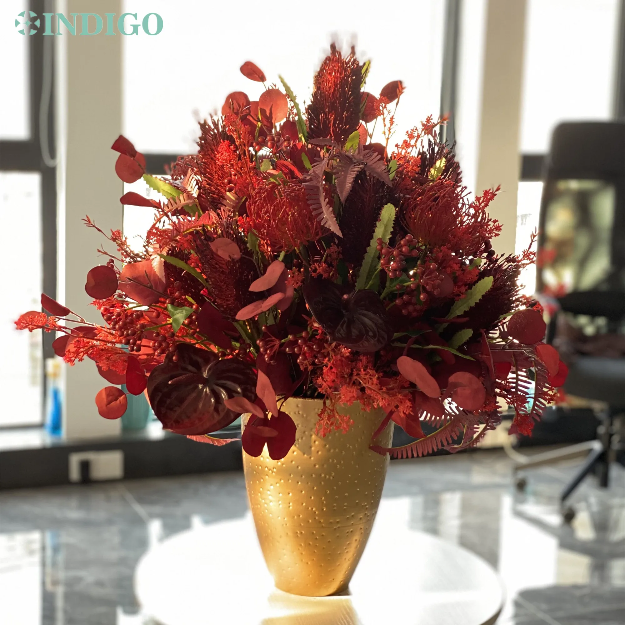 

Red Banksia Protea Diaplay Artificial Flower Arrangment (1 Set With Vase) Wedding King Flower Christmas Centerpiece Event INDIGO
