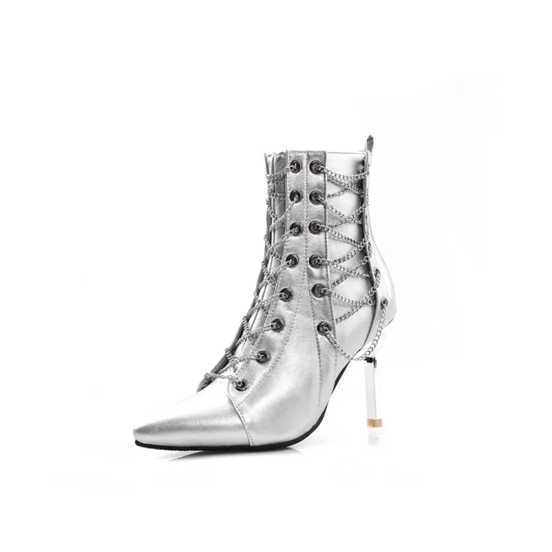 

Women's Boots autumn Fashion high heels Pointed Zipper Metal Decoration Fine Heel High Heel Short Tube Women Shoes boats mujer