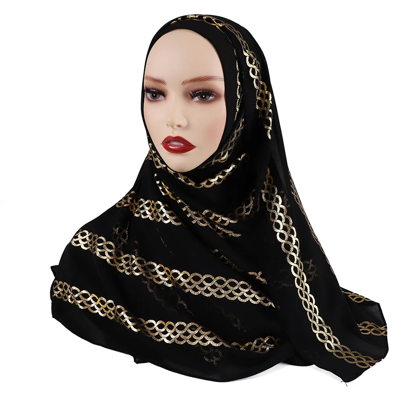 

New Turban Head Ladies Hair Accessories Muslim Shawls with Shinny Gold Glitter Chiffon Bandana Scarf Islam Headband 175*70cm