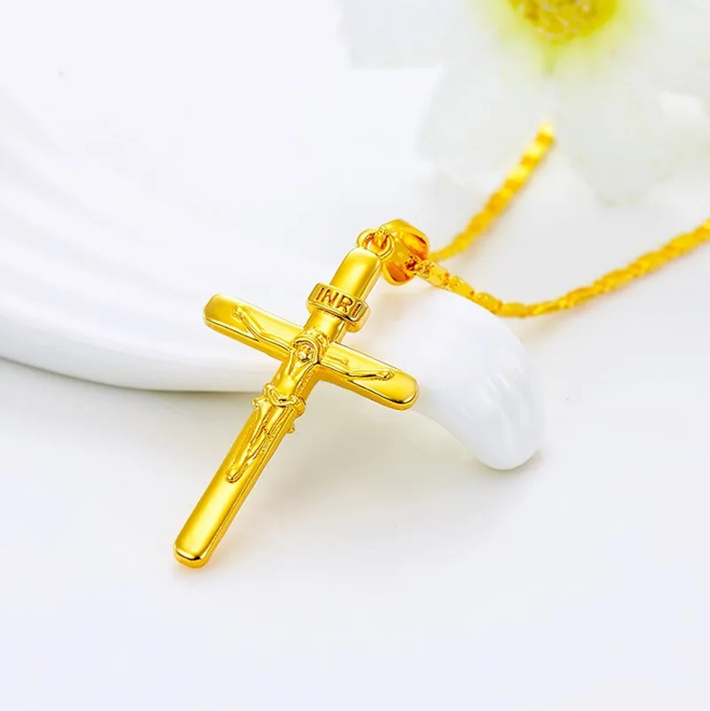

High quality Pure Gold Color Cross Charm Pendant Necklaces for Women Men 24K Gold Necklaces Wedding Jewelry