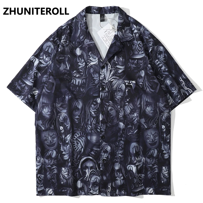 

Fashion Gothic Joker Print Hawaiian Beach Shirts Hip Hop Short Sleeve Button Up Streetwear Trends Shirt Mens Summer Clothing