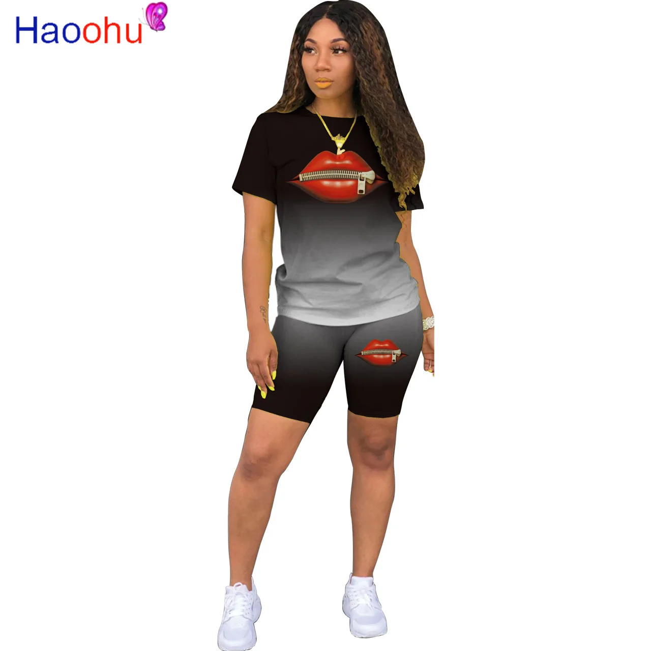 

HAOOHU Gradient Lips Print Women Sets Summer Tracksuit Sportswear Tee Tops Leggings Jogger Pants Suit Two Piece Set 2Pcs Outfit