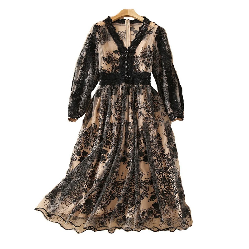 

AELESEEN Runway Fashion Women Dress High Quality Lantern Sleeve Black Sequined Flower Embroidery Long Mesh Party Dress