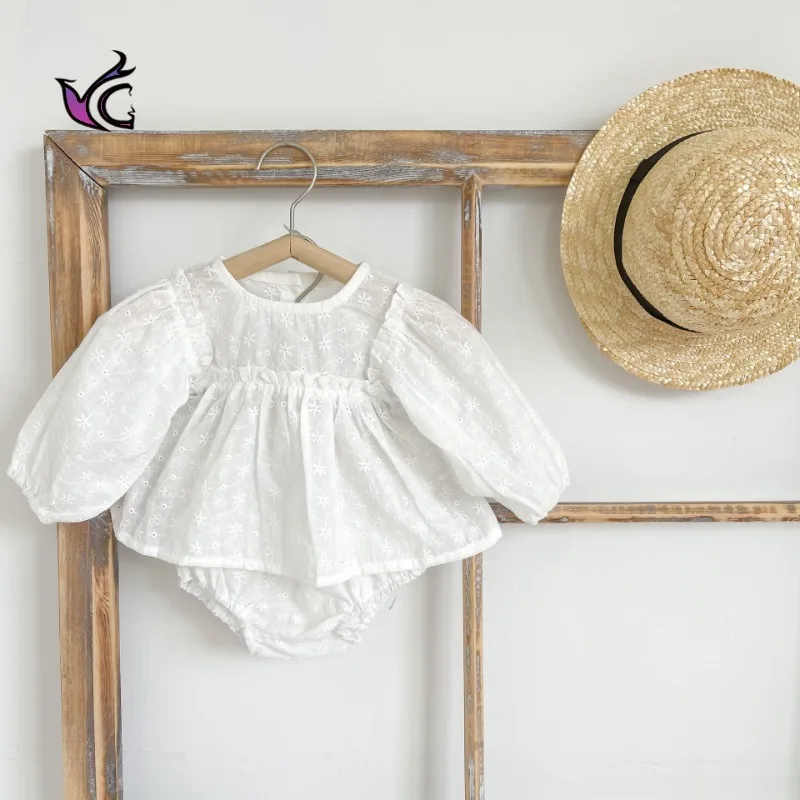 

Yg Baby Girl Two Piece Set Autumn Baby 0-3 Year Old Children's Set Solid Color Flower Hollow Out Long Sleeve Bread Pants Set