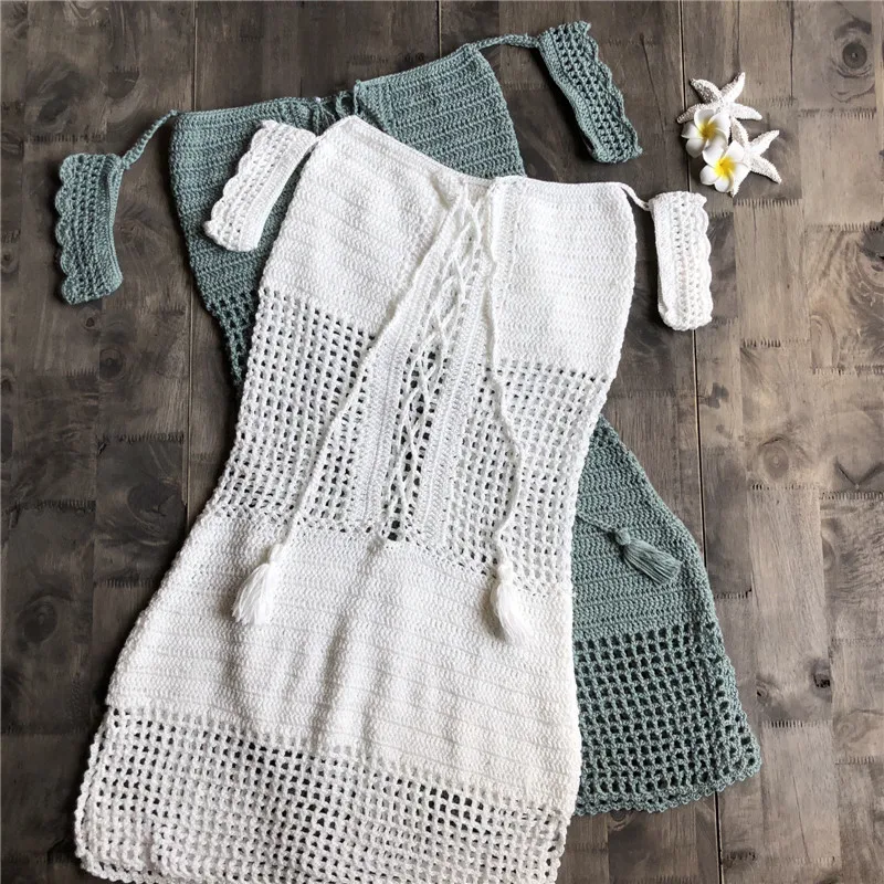 

Women Fashion Bandage Hollow-Out Dress Crochet Bikini Cover-Up Boho One Piece Swimwear Sexy Swimsuit