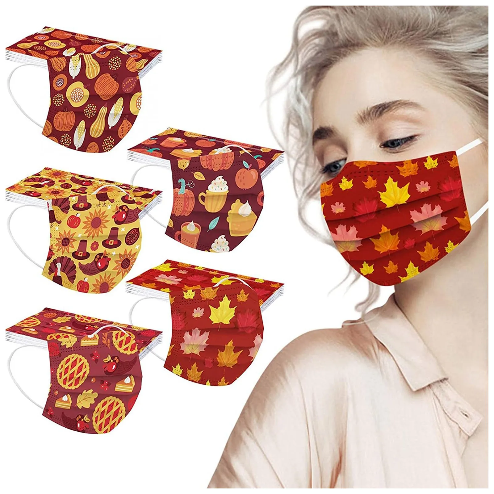 

Disposable Thanksgiving Printed Face Mask Dustproof Mouth Mask Christmas Soft Adults 3-layer Masks Masque Halloween Cosplay