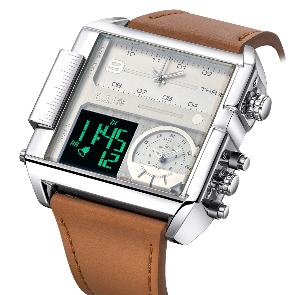 

6.11 New Fashion Three Time Zone Large Square Watch LED Digital Watch Waterproof Sport Watch Men Quartz Watch часы мужские