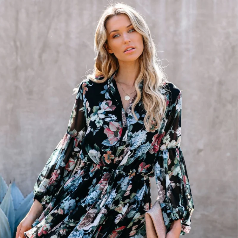 

Autumn Sexy Printed Suit Collar Dress Lace Button Female Long-sleeved Pleated Dress Casual